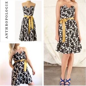 Anthropologie Strapless Black and White Dress with Yellow Sash